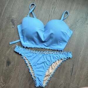 Kona Sol 36 D Blue Ribbed Medium Longline Ruffle Bikini NWOT